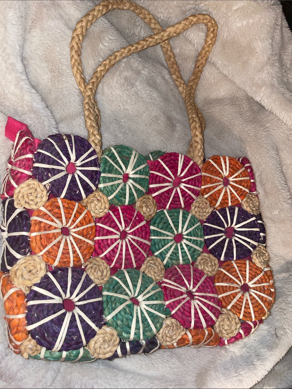 Multicolor Circular Woven Tote with Braided Tan Handles
